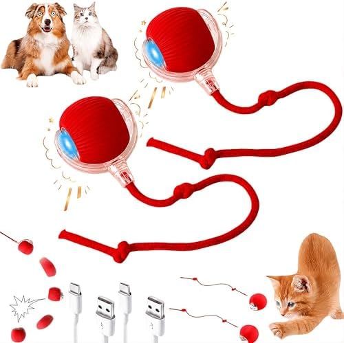 Durable Interactive Cat Toys for Indoor Cats, Dog Toys Ball, Rolling Pet Ball, Smart Automatic Cat Chase Balls Toy, Interactive Dog Toys Speedy Tail,Kitten & Cat Toys (2 RED Balls) by Unknown