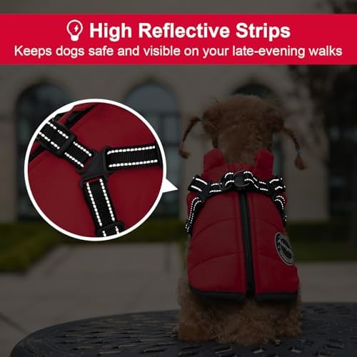 Warm Dog Winter Coat, Fashion Pet Cold Weather Jacket with Built-in Harness, Reflective & Adjustable Comfortable Pet Vest, Windproof Apparel for Small Medium Large Dogs (Red) - Image 6