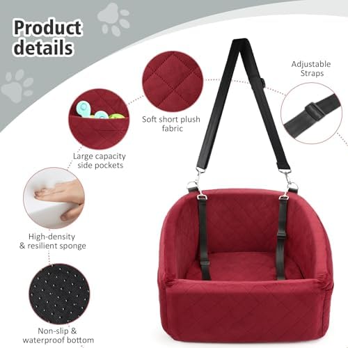 NEEZUKAR Dog Car Seat for Small Medium Dogs,Detachable Washable Dog Booster Seat Under 30lbs, Pet Car Seats Travel Bed with Storage Pockets and Safety Belt(Red) - Image 3