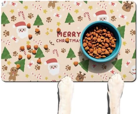 Christmas Dog Food & Water Mat, Paw Prints Santa Claus Snowman Xmas Pet Feeding Mat for Floor Non-Slip Waterproof, Super Absorbent Cat Bowl Mat, Easy to Clean Pet Placemat,12" × 20" - Image 7