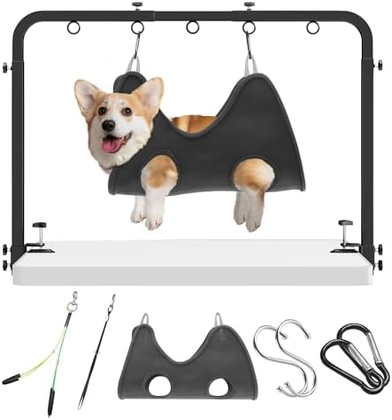 Pet Grooming Arm for Table, 42" H, 27-39" W with Hammock & 2 No-Sit Nooses by niffgaff