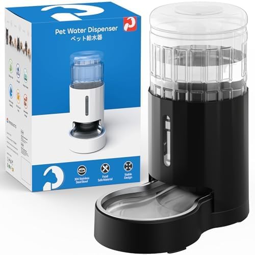 CZPET Automatic 4L/135Oz/1Gal Cat Water Dispenser with Stainless Steel Bowl, Gravity Waterer for Small Medium Dog Puppy Kitten (Black) by CZPET