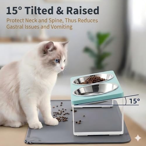 Summark Upgraded Elevated Cat Bowls with Food Mat,15°Tilted Stand Anti Vomiting Raised Cat Dishes for Food and Water,2 Stainless Steel Bowls for Cats and Puppy（Teal） - Image 3