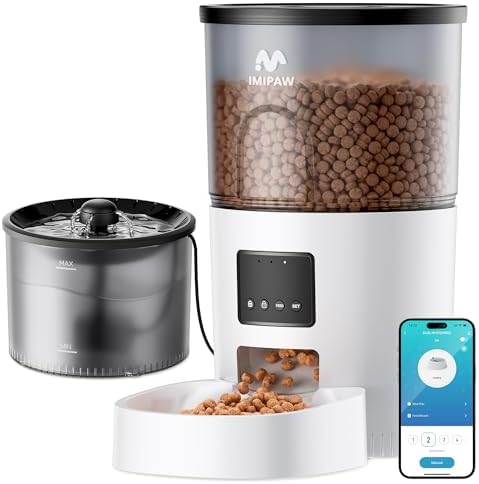 IMIPAW 5G WiFi Automatic Cat Feeder and Water Dispenser, Timed Dry Food Dispenser APP Remote Control, Programmable Portions, with Desiccant, Cat Fountains for Drinking with Filter, Small Pets (Combo) by IMIPAW