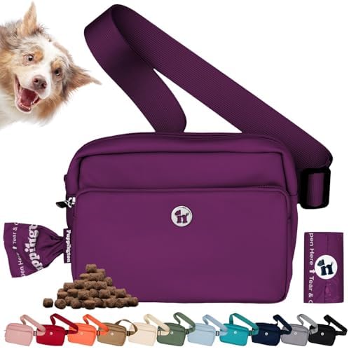 Puppington 3-in-1 Crossbody Dog Walking Bag & Treat Pouch with Matching Planet Safe Poop Bags & Built-In Dispenser - Dog Mom Gift for Puppy Training with Zippered Pockets (Plum Wine) by Puppington