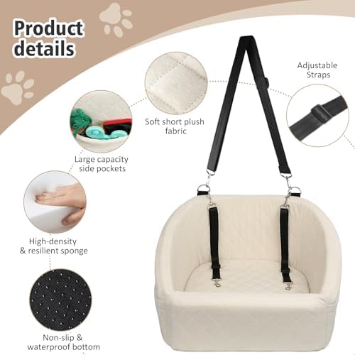 NEEZUKAR Dog Car Seat for Small Medium Dogs,Detachable Washable Dog Booster Seat Under 30lbs, Pet Car Seat Travel Bed with Storage Pockets and Dog Safety Belt (White) - Image 3