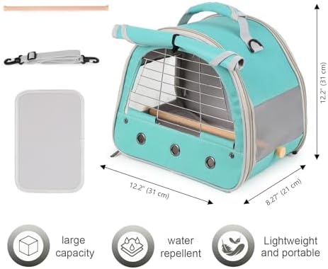 Bird Travel Carrier Cage, with Stainless Steel Metal Window and Wood Perch, Portable Bag for Cockatiel Parakeet Conure Green Cheek Budgie (Green, Steel Window) - Image 2