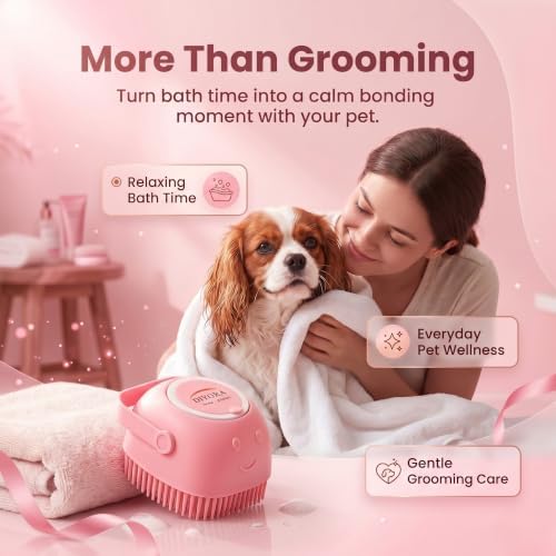 DIYORA Pet Shampoo Brush, 2-in-1 Silicone Bath Brush with Soap Dispenser for Dogs & Cats, Grooming, Massaging, Shedding & Deep Cleaning Tool for Short Hair, Long Hair & Small Pets(Pink) - Image 4