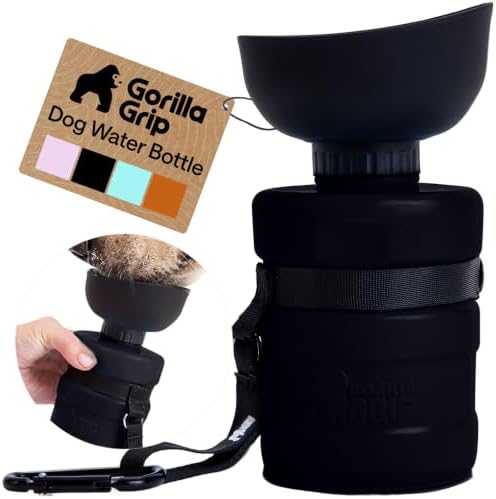 GORILLA GRIP Portable Dog Water Bottle, Food Grade Silicone, 16oz Black by GorillaGrip