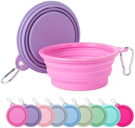 SLSON Collapsible Dog Bowl, 2Pack Macaron Color Pet Travel Bowls Silicone Foldable Water Feeder Dish for Small to Large Dogs Cat Walking Hiking Camping (Macaron Rose and Violet, Small) by SLSON