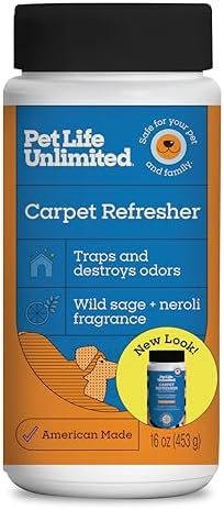 Pet Life Unlimited Carpet Deodorizer Powder, 16 oz, Strong Pet Odor Eliminator & Carpet Freshener, Plant-Based Wild Sage & Neroli Scent, Pet Safe (Pack of 1) by PetLifeUnlimited