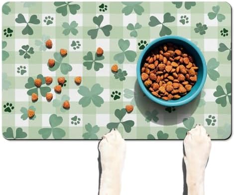 St Patricks Day Dog Food & Water Mat, Green Shamrocks Paw Prints Clover Pet Feeding Mat for Floor Non-Slip Waterproof, Super Absorbent Cat Bowl Mat, Easy to Clean Pet Placemat,12" × 20" - Image 7