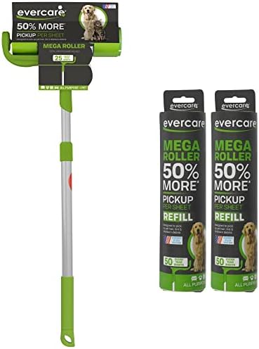 Evercare Pet Mega Lint Roller Value Pack with Two 50-Sheet Refills - Includes Refillable Lint Roller, Adhesive Sheets, Versatile Cleaning Uses, Home and On-The-Go Use, Extendable Handle by Evercare