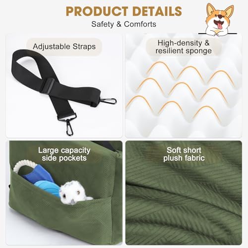 JOEJOY Dog Car Seats for Small Medium Dogs Under 35lbs, Dog Booster Seat with Detachable Washable Cover and Cushion, Memory Foam Pet Car Seat with Safety Belt and Storage Pockets (GN) - Image 5