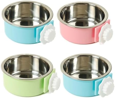kathson Crate Dog Bowl, Removable Stainless Steel Hanging Pet Cage Bowl Food & Water Feeder Coop Cup for Cat, Puppy, Birds, Rats, Guinea Pigs (4 PCS, Size: L, 2×Blue,1×Pink,1×Green) by kathson