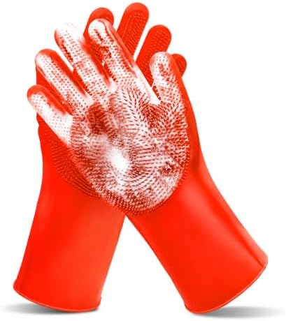 Pet Grooming Gloves—Dog Washing Gloves with High-Density Teeth, Dog Bath Scrubber with Enhanced Five Finger Design, Silicone Gloves for Dogs and Cats Bathing, Massage (Bright Red) by MAIIU