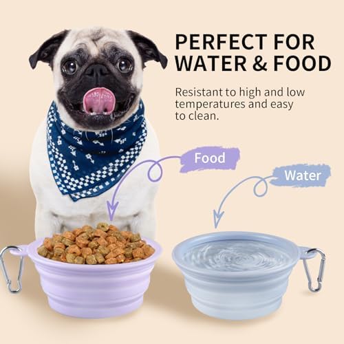 Collapsible Dog Bowls 2-Pack, Portable Travel Dog Bowl with Carabiner, Food-Grade Silicone Pet Bowl for Hiking, Walking (Macaron Blue and Violet) - Image 3