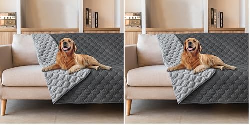 gogobunny 3X Stronger Waterproof Pet Blanket, Scratch Proof Furniture Protector for Dogs Cats, Reversible Cover 52x82 Inch, Dark Grey/Light Grey (Pack of 2) by gogobunny