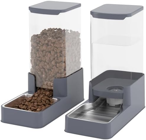 Automatic Cat Feeder and Water Dispenser in Set with Pet Food Bowl,Gravity Dog Waterer and Food Feeder for Small Medium Dog Cat Puppy Kitten Large Capacity(3.8L,Grey,Stainless Steel Bowl) by Unknown