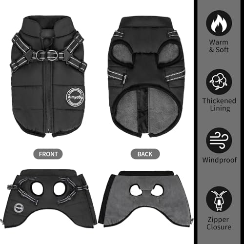 Warm Dog Winter Coat, Windproof Cold Weather Jacket, Reflective & Adjustable Black Pet Vest with Harness, Thick Polar Fleece Lining Cozy Apparel for Small Medium Dogs & Cats - Image 4