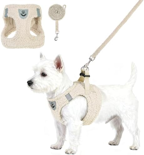 KOOLTAIL Plush Small Dog Harness and Leash Set, Warm Fleece No Pull Puppy Vest for Winter, Lightweight Reflective Step in Pet Harness for Medium Sized Dogs Boy Girl Outdoor Walking Cute Soft, Beige S by KOOLTAIL