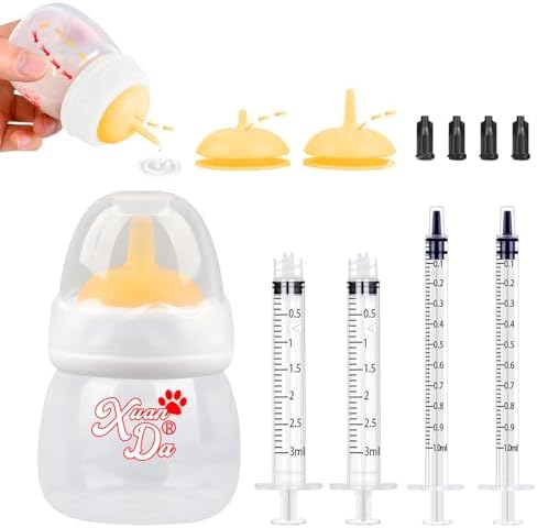 Pet Feeding Bottle and Syringes,60ml Nursing Bottle, 3 Sizes Nipples with Ventilation Valve Resistant Tearing Perfect for Puppies, Kittens, Small Wildlife (Yellow) by XuanDa