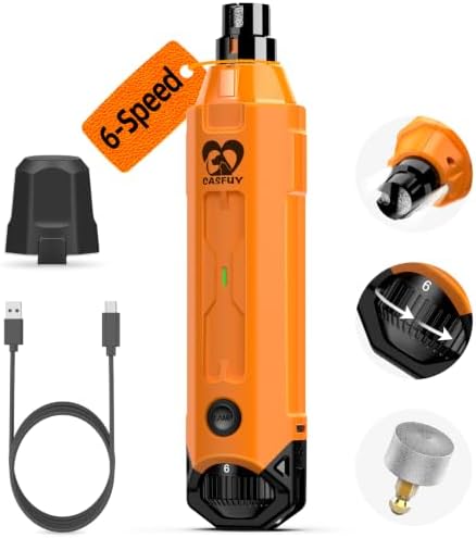 Casfuy 6-Speed Dog Nail Grinder - Newest Enhanced Pet Nail Grinder Super Quiet Rechargeable Electric Dog Nail Trimmer Painless Paws Grooming & Smoothing Tool for Large Medium Small Dogs (Orange) by casfuy