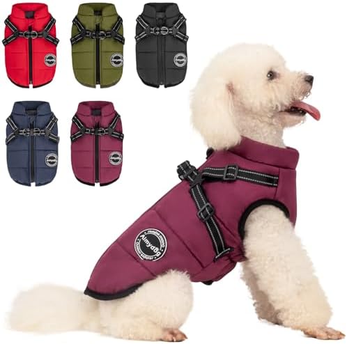 Dog Winter Coat, Warm Dog Jacket Reflective Adjustable Fleece Vest with Harness Built in, Windproof Pet Snow Jacket Snowsuit with Zipper for Small Medium Dogs, Purple XS by Aimydog