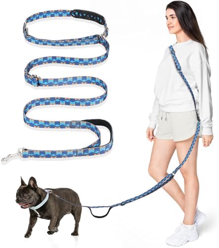 Hands Free Dog Leash, 8.5ft Adjustable Hands Free Leash for Medium Dogs, Versatile Handheld Crossbody Waist Lead with 3 Rings, for Running Jogging Walking, Sponge Handle, Geometric Blue by Tivray