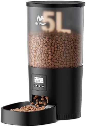 IMIPAW Automatic Cat Feeders, 5L Large Capacity, Timed Feeding Dry Food, Dual Power Design, Programmable Portion Size, 1-6 Meals Per Day, with Desiccant, Suitable for Small Pets Food Dispenser, Black by IMIPAW