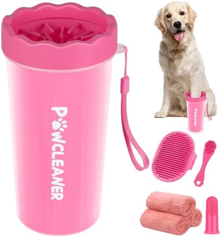 Professional 7 in 1 Dog Paw Cleaner for Dogs & Cats - Includes 1 Portable Paw Washer, 1 Bath Brush, 2 Dog Toothbrushes and 3 Absorbent Towels Note: Fits Paws 2.5 to 3.5 Inches Wide (Large, Pink) by Comotech