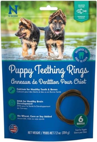 N-Bone Puppy Teething Rings, Salmon Flavor, Natural Puppy Teething Chews & Chew Treats, Helps Soothe Teething Gums, Calcium Enriched, 6 Rings by N-Bone
