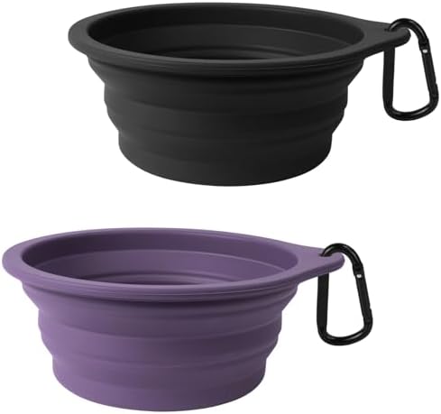 PetBonus 2-Pack Silicone Collapsible Dog Bowls, BPA Free Dishwasher Safe, Portable Foldable Expandable Travel Bowl, Food Water Feeding Cup Dish for Dogs Cats with 2 Carabiners (Black, Dark Purple) by Petbonus