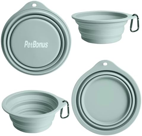 PetBonus 2-Pack Large Silicone Collapsible Dog Bowls, 34oz/1000ml BPA Free Portable Foldable Travel Bowl for Pet Cat, Food Water Feeding Dish for Camping with 2 Carabiners (Turquoise, Tan) - Image 2