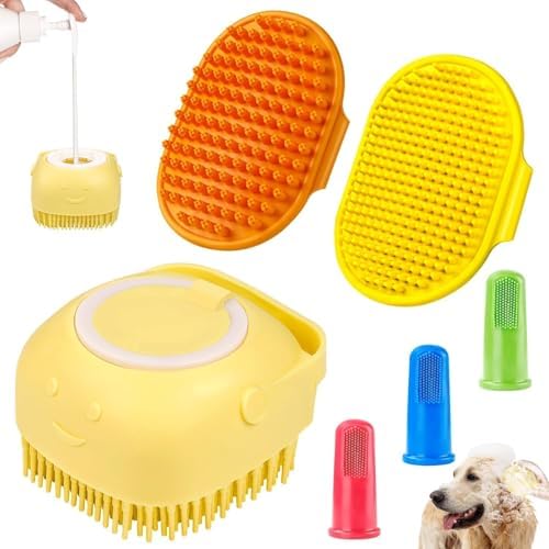 Comotech 6PCS Dog Bath Brush & Dog Toothbrush | Adjustable Handle Shampoo Brush & Scrubber for Short & Long Haired Dogs & Cats | Effectively Solve Odor & Stain Removal Problems (Orange Yellow Yellow) by Comotech