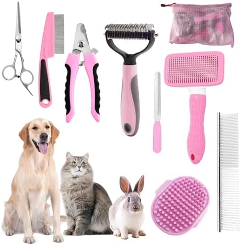 Dog Brush for Shedding,9 PCS in One Pet Slicker Hair Brush Kit with Pet Nail Clipper and File - Dog Cat Grooming Deshedding Undercoat Rake Brush Comb for All Small Large Dogs Cats Pink by KUEIOX