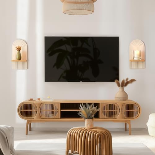 Boho Wall Candle Holder Set of 2 with White Arched 3D Design | Mid-century Candle Sconces, Soild Wood, Modern Minimalist, for Pillar, Plants, Bohemian Art Decor, Beside Fireplace and TV - Image 5