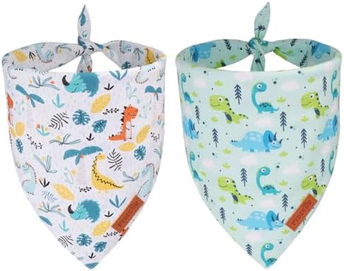PTDECOR Dinosaurs Dog Bandana, White Green Cute Dinosaurs Pet Scarf, Large by PTDECOR