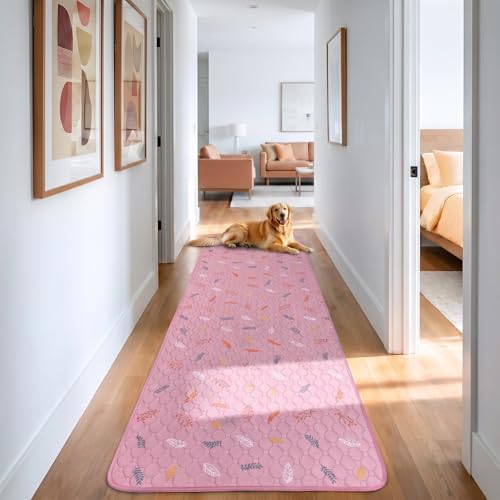 Sunheir Washable Pee Pads for Dogs Large 24" x 72" 2-Pack Reusable Puppy Pads Pet Training Pads, Absorb Dog Mats, Whelping Pad, Non-Slip Protects Against Urine Leakage, Runner Rug (Leaves - Pink) by SUNHEIR
