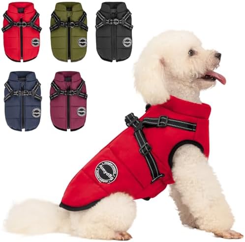Warm Dog Winter Coat, Fashion Pet Cold Weather Jacket with Built-in Harness, Reflective & Adjustable Comfortable Pet Vest, Windproof Apparel for Small Medium Large Dogs (Red) by Aimydog