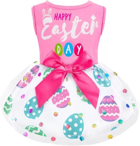 Cute Happy Easter Day Dog Dress Bunny Eggs Easter Dog Cat Clothes Pink Tulle Pet Doggie Apparel Outfit with Bowknot for Small Dogs Puppy Cat Girl Costume by BAOBICUTE