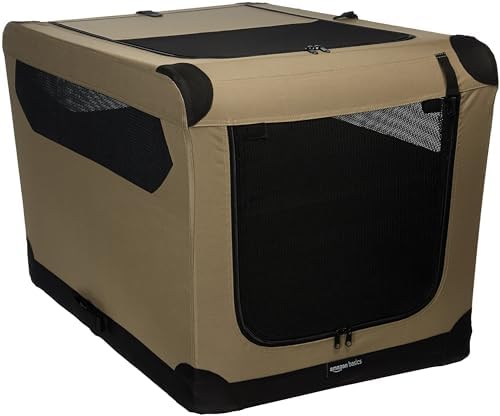 Amazon Basics Portable Folding Soft Dog Crate for Cat, Dog, Rabbit, Double Door with Mesh Ventilation, Collapsible, Easy to Set Up, Large 36" x 24" x 24", Tan by AmazonBasics
