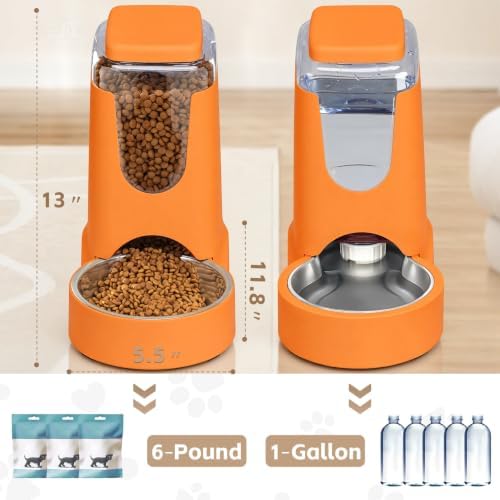 HWONMTE Portable Automatic Cat Feeder and Water Dispenser with Stainless Steel Bowl Dog Gravity Food Feeder and Waterer for Small Medium Pets Puppy Kitten 1 Gallon x 2 (Orange) - Image 2