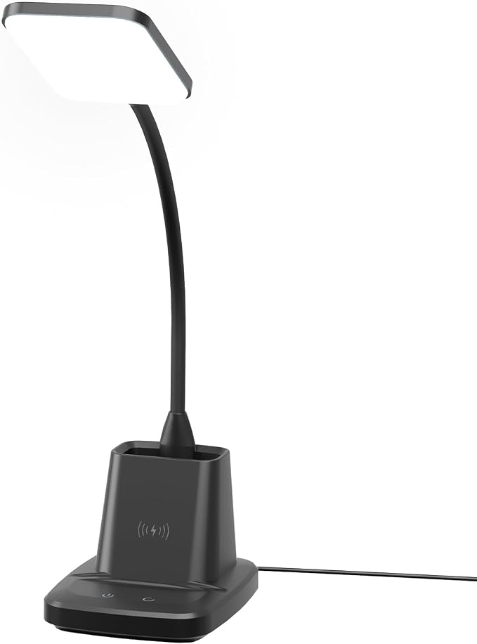 LED Desk Lamp with 10W Wireless Charging & Pen Holder, Black | CRI 95, 800LM, Stepless Dimming, 3 Modes, 360°Flexible Arm, Touch, Study Table Lamp for Home Office, Dorm Room, with Adapter - Image 8