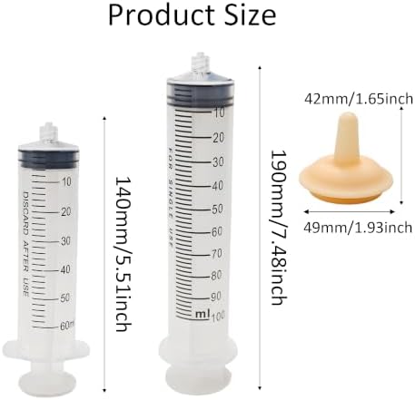 Pet Feeding Syringe Set, 60ml & 100ml Syringes with 2 Silicone Nipples for Newborn Kitten Puppy, Small Animals, Rabbit, Dog, Cat, Squirrel, Bird Nursing and Hand Feeding - Image 2