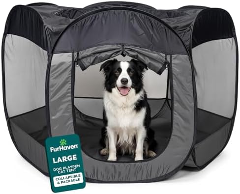 FurHaven Soft-Sided Dog & Cat Playpen, Portable Foldable Indoor & Outdoor Pet Playpen with Mesh Windows & Zippered Door, Gray, Large by FurHaven