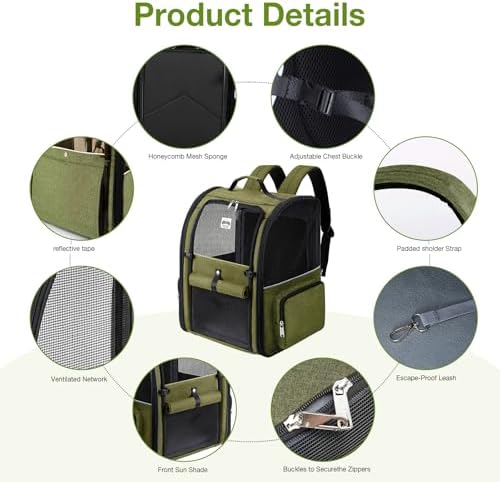 Large Cat Backpack Carrier Expandable Pet Carrier Backpack for Small Dogs Medium Cats Fit Up to 18 Lbs, Dog Backpack Carrier, Foldable Puppy Backpack Carrier for Travel,Dark Green, Large - Image 3