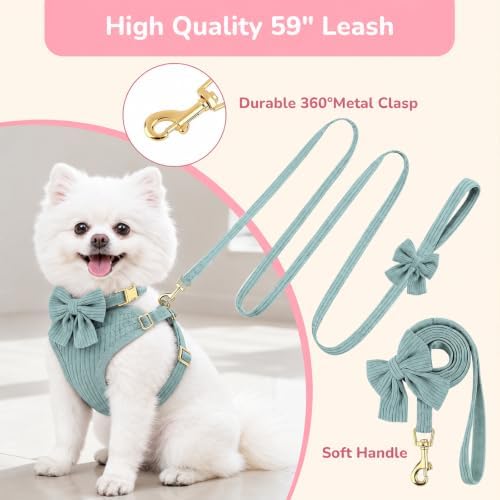 Small Dog Collar Harness and Leash Set with Bowtie, Adjustable Dog Harness Collar and Leash Set with Secure Metal Buckle, Breathable Cotton Adjustable Pet Puppy Harness, Easy Walk Harness, S(14–18.9") - Image 5
