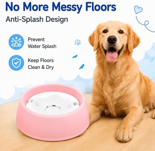 Pink No Spill Dog Water Bowl, Pet Floating Water Bowl No Wet Mouth, Anti Splash & Anti Tip Slow Water Feeder, Keeps Fur Dry Clean Drinking Bowl for Dogs & Cats, Large Capacity Travel Friendly - Image 2