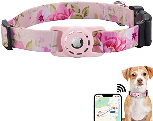 Dog Collar, Compatible with AirTag, Polyester Pet Cat Puppy Collar for Small, Medium, Large, & Extra Large Dogs, Pink Rose, S: 9.8''-15.7'' Neck by Animire